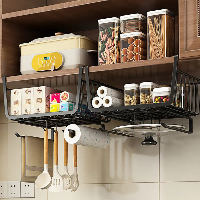 Kitchen Under Cabinet Basket Storage Shelf Tissue Cup Holder Closet Desk Hanging Rack Hollowed Pullout Drawer Sliding Basket