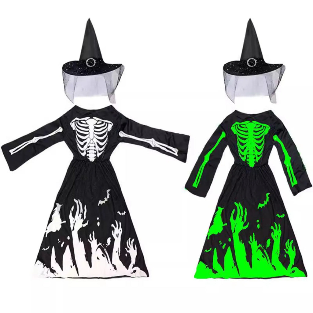 Halloween Skeleton Costumes Dresses Set with Hats Kids Cosplay Zombie Spooky Horror Dress Day Of The Dead Rave Party Clothes