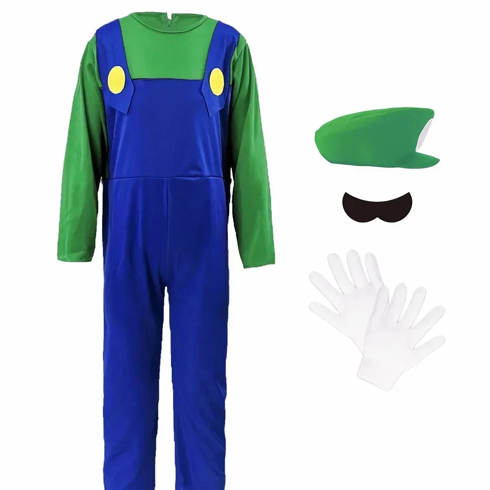 Halloween   Plumber Bros Cosplay Costumes Funny Halloween Carnival Outfits for Men Women Fancy Jumpsuit with Hat Mustache Gloves