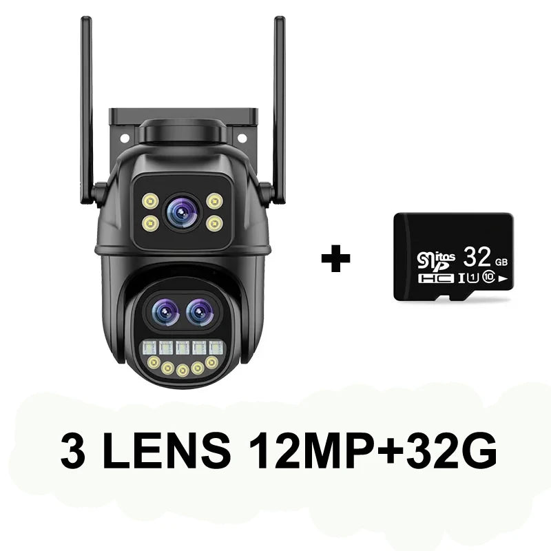 6K 12MP ICSEE Wifi Security Camera 3 Lens Dual Screen 8X Zoom Outdoor Waterproof Color Night Vision IP66 Surveillance Camera