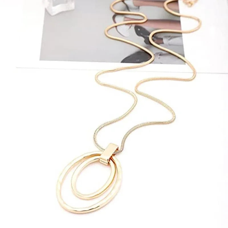 New Fashion Large Double Circle Pendant Necklace Fashion Simple Sweater Chain