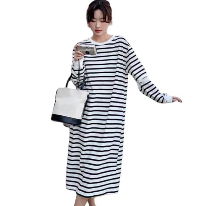 Women's Plus Size Black And White Hooded Knitted Long Dress Casual Striped Dress Sweater