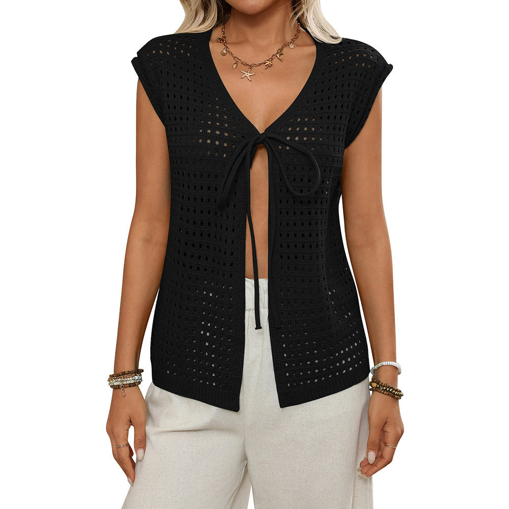 Womens Hollow-Out Sweater Short-Sleeve Knitted Cardigan