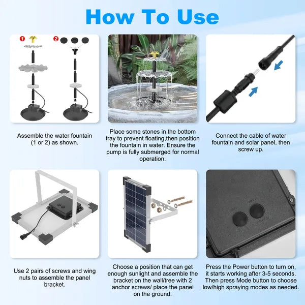 3-Tier Solar Bird Bath Fountain Solar Powered Water-Pump Waterfall Feature With Colorful Light 3 Nozzles 6W Solar Panel For Bird Bath Patio Yard Pond Garden