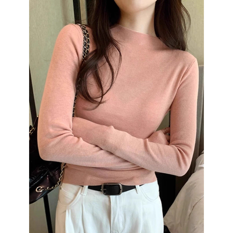 White Stand Collar Half Turtleneck Long-sleeve Knitted Undershirt
