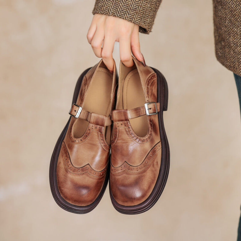 Women's Carved Chunky Heel Platform Round Toe Leather Shoes