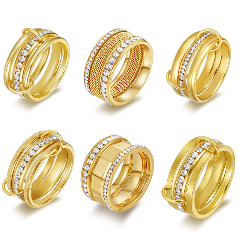 Copper And Zircon Multi-layer Twin 18K Gold Strap Rhinestone Ring
