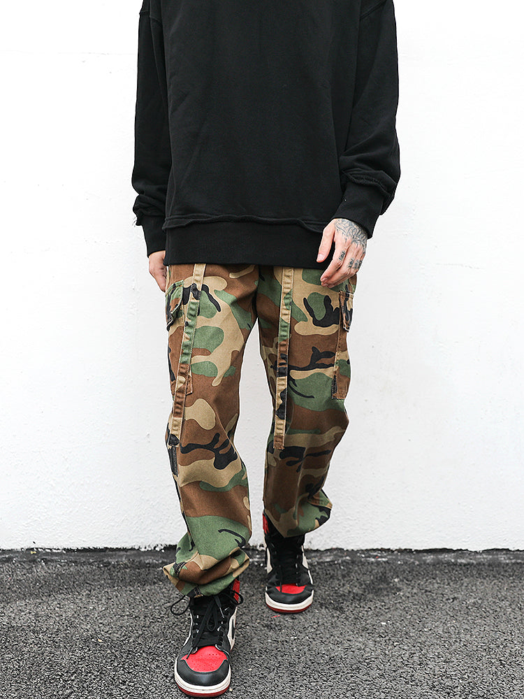 Camouflage Floating Rope Belt Straight Loose Trousers