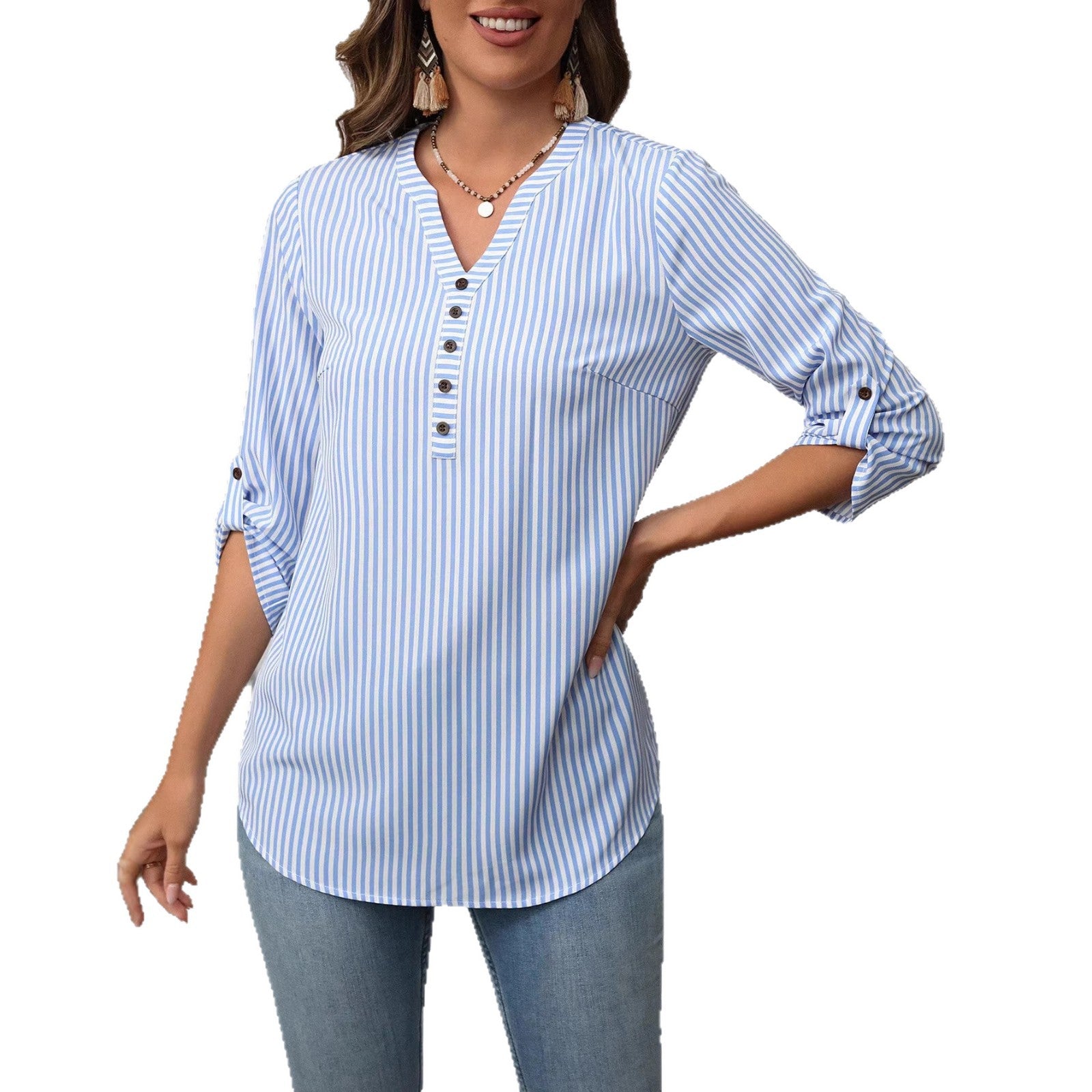 Three-quarter Sleeve Striped Versatile Stylish Top