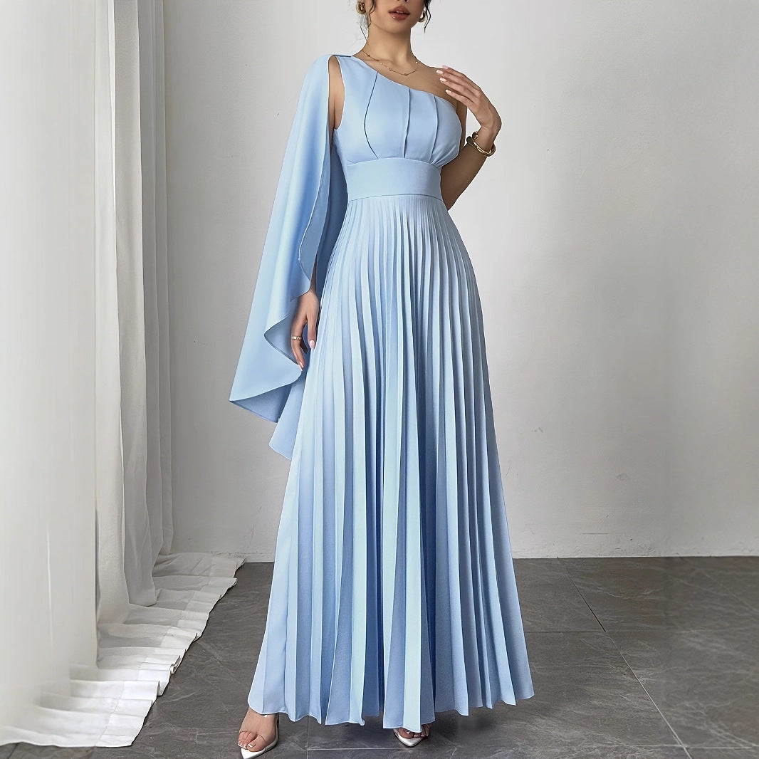 French Fashion New Temperament Single Shoulder Ribbon Waist Pleated Dress