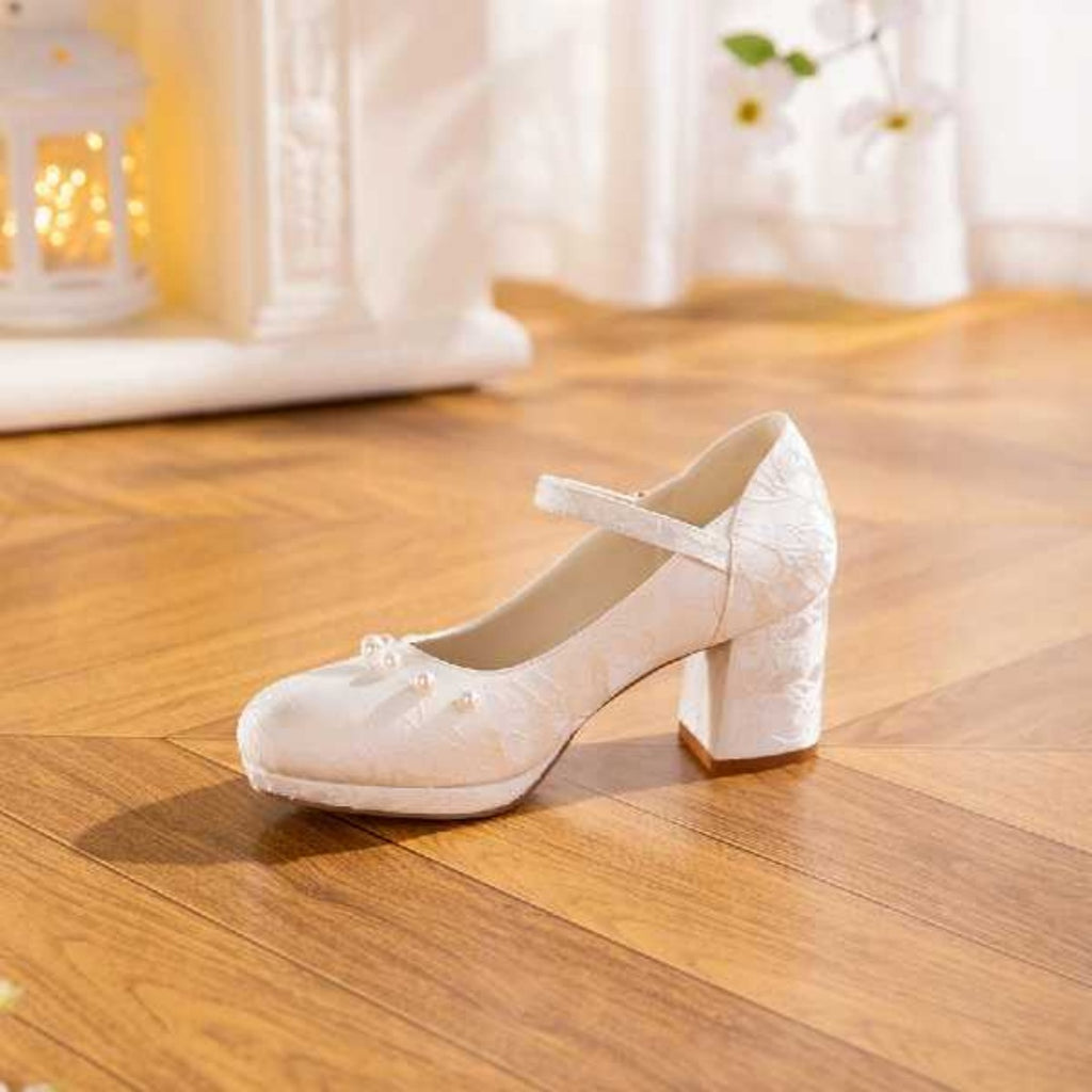 White And Beige Jacquard Mary Jane Style Women's Shoes With Thick Soles And Pearl Bow Straps, Waterproof Platform High Heels, Elegant And Versatile Wedding Shoes, Bridesmaid Shoes, Formal High Heels F