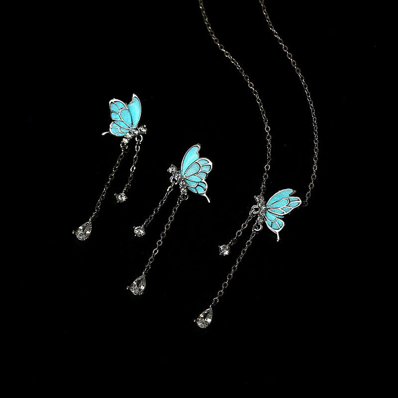 Sterling Silver S925 Butterfly Tassel Noctilucent Necklace