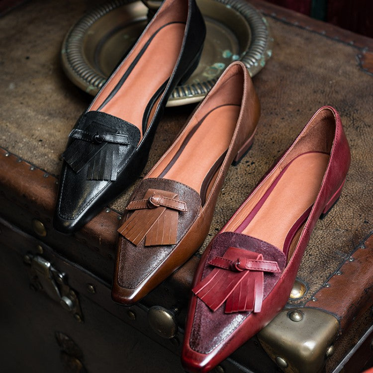 Cowhide Retro Women's Low Heel Low-cut Thick Heel Flat Loafers