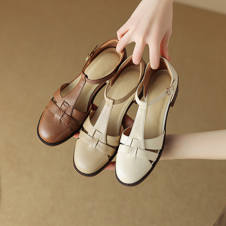 Female T-type Belt Hollow-out Chunky Heel Round-toe Sandles