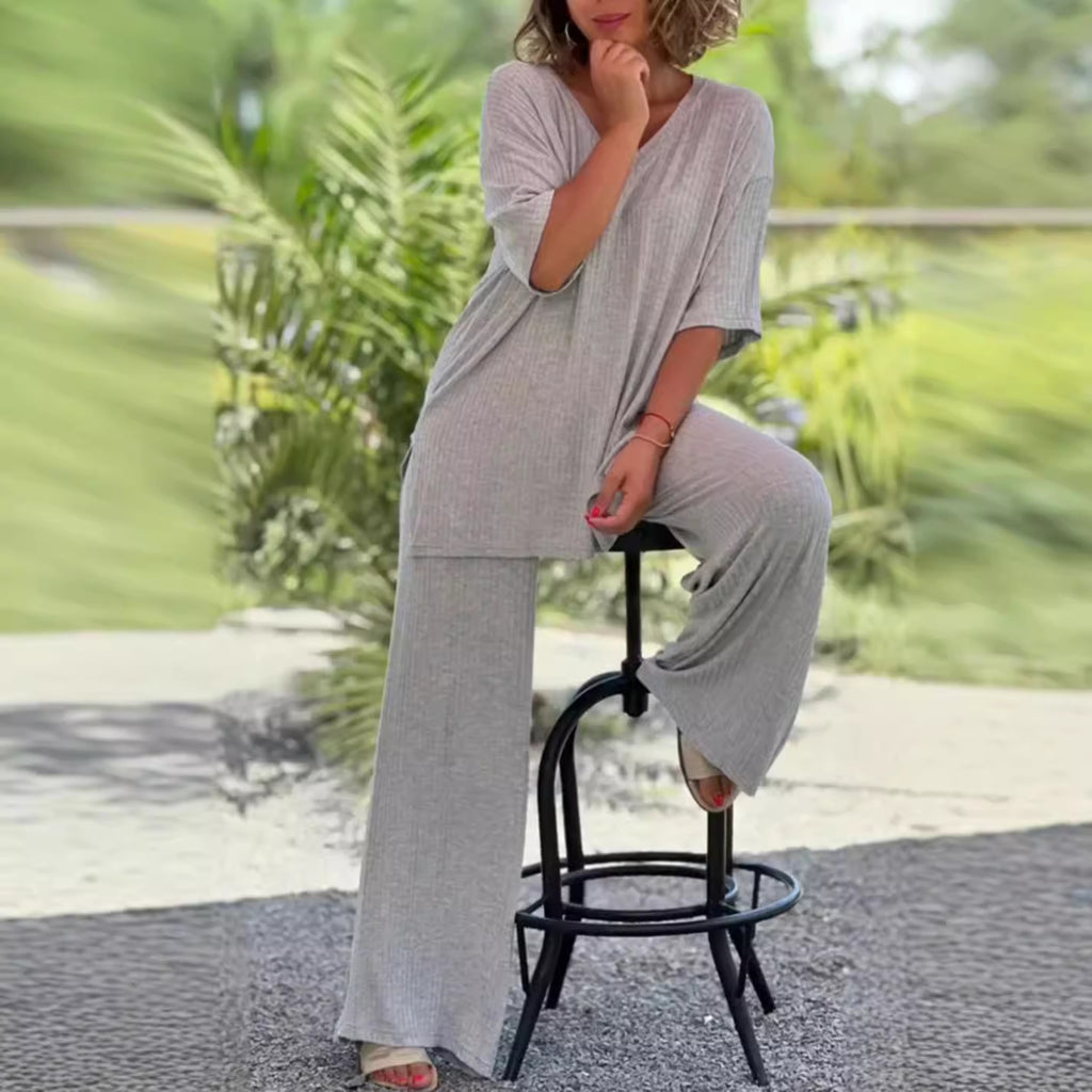 European And American Knitwear Top Two-piece Set Casual And Comfortable Baggy Straight Trousers