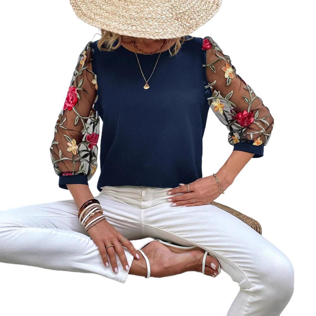 Women's Casual Mesh Black Patchwork Top