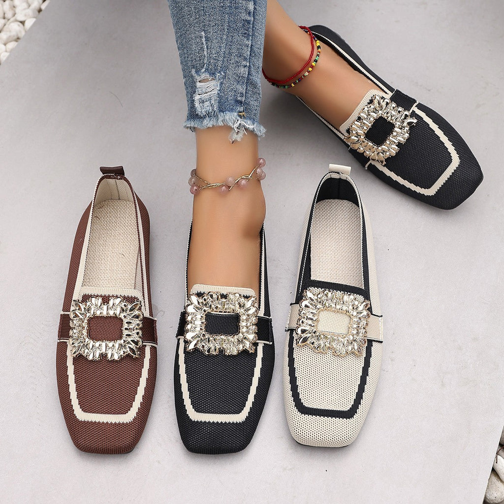 Flyknit Slip-on Square Toe Rhinestone Breathable Plus Size Women's Flat Shoes