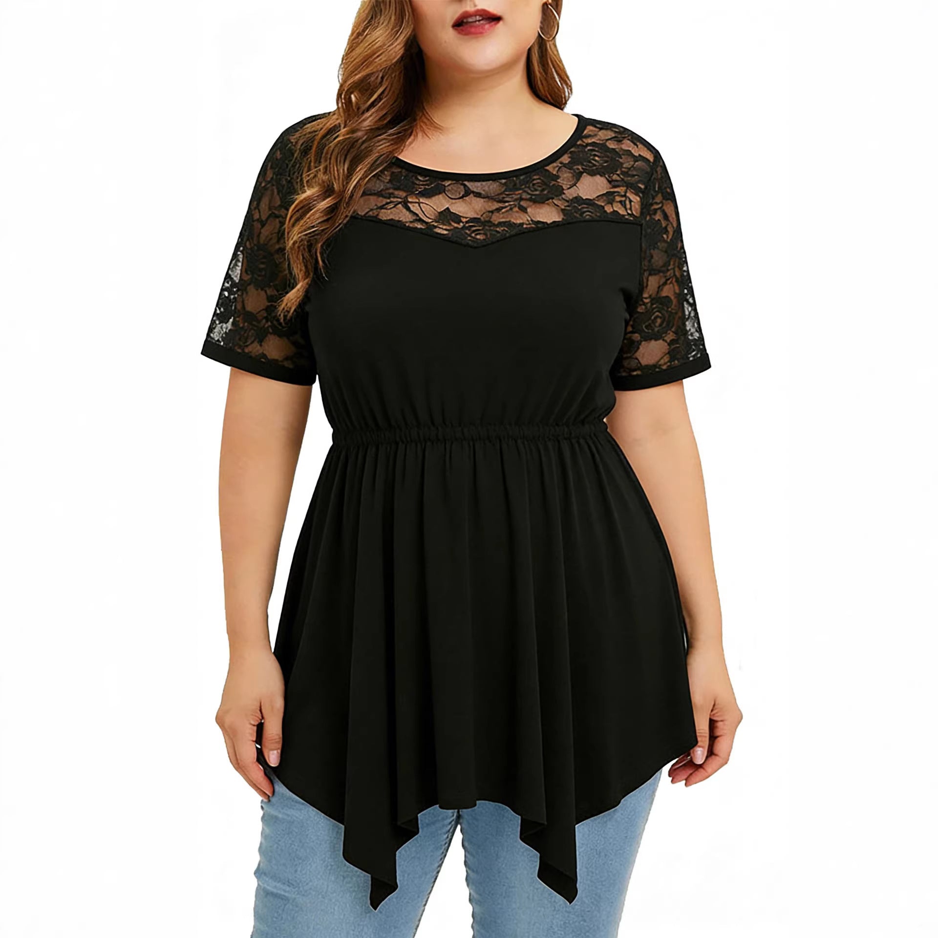 Lace Short-sleeve Top With Elastic Hem, Sheer Fabric, And A Round Neckline