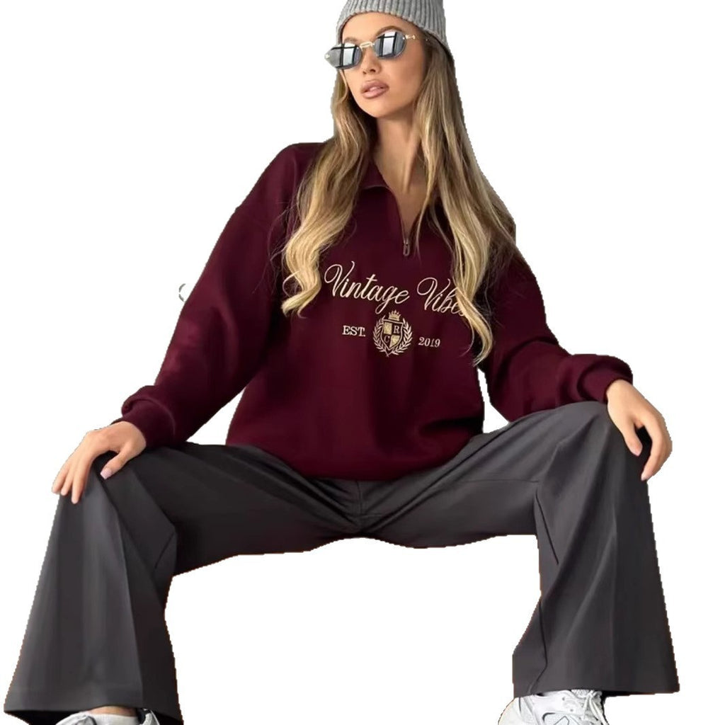 New All-match Letters Printed Half Zipper Coat For Women