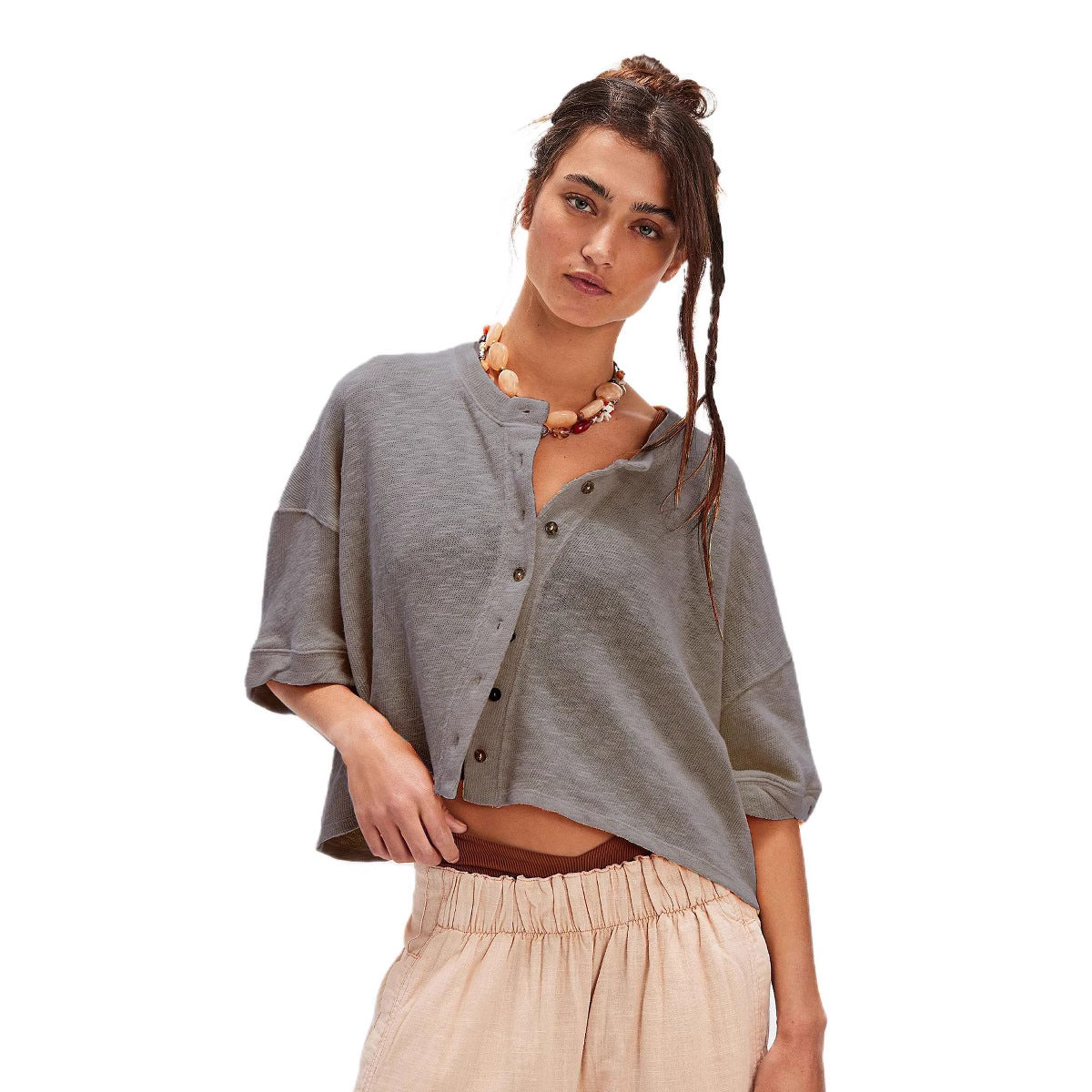 Linen Cardigan Button-up Top Three-quarter Sleeves Solid Color Womens Clothing