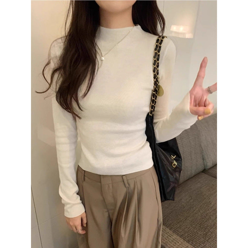 White Stand Collar Half Turtleneck Long-sleeve Knitted Undershirt