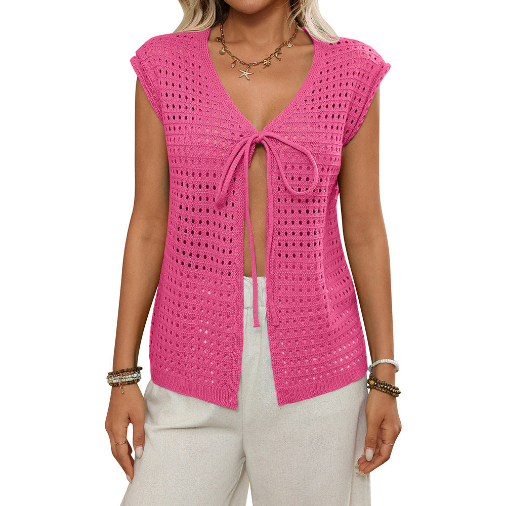 Womens Hollow-Out Sweater Short-Sleeve Knitted Cardigan