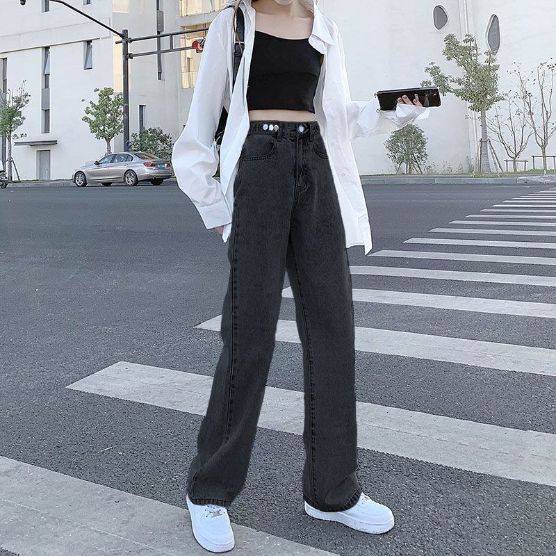 Light Blue Womens Straight-leg Loose-fitting Jeans