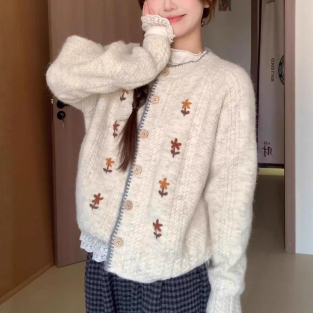 Japanese Style Soft Glutinous High-grade Round Neck Flower Knitted Cardigan Sweater Coat For Women