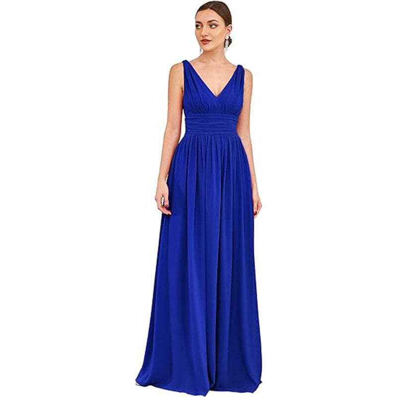 Women's Elegant Graceful Deep V-neck Sleeveless Chiffon Formal Maxi Evening Dress