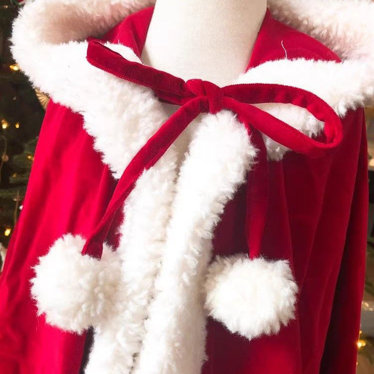 New Year Christmas Shawl Cape Red Burr Velvet Band Cap Windproof