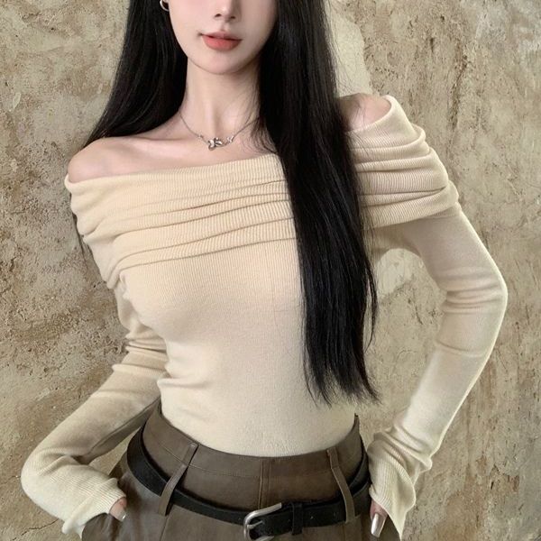 Off-shoulder Clavicle-knitted Sweater For Women