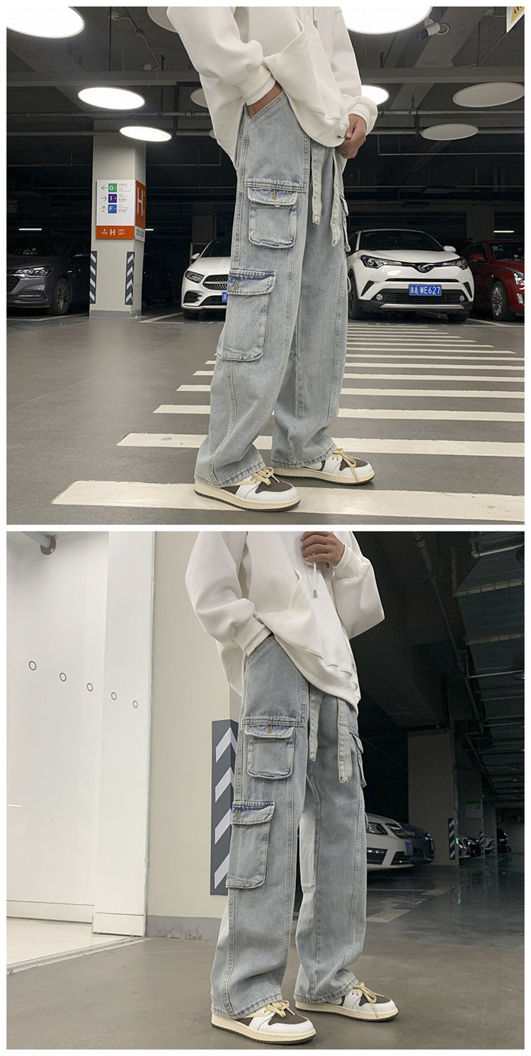 Multi-Pocket Workwear Jeans Men's Wide-leg Draggle-tail Trousers