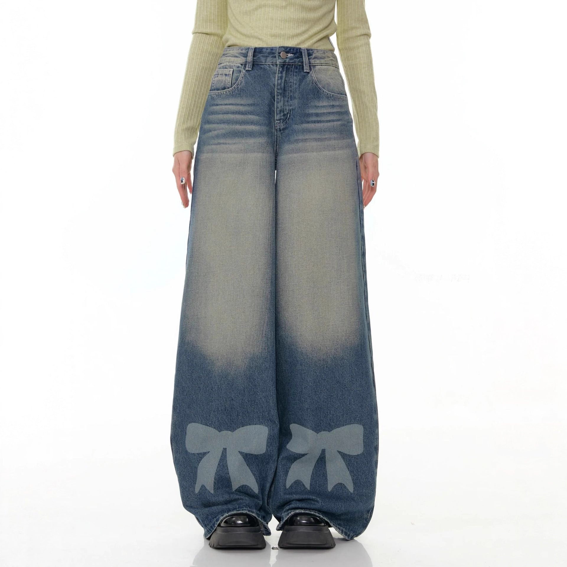 Retro Wide-leg Bow-tie Printed Washed Denim Jeans