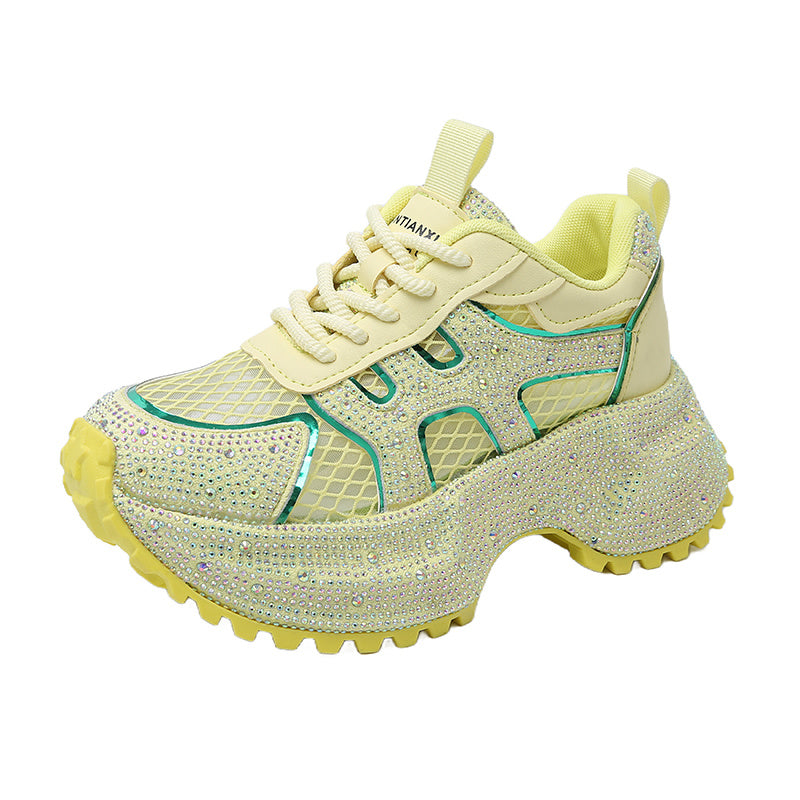 TIANXIU Women's Chunky Platform Sneakers, Light Yellow Glitter Rhinestone Accent Fashion Shoes With Green Trim And Thick White Sole