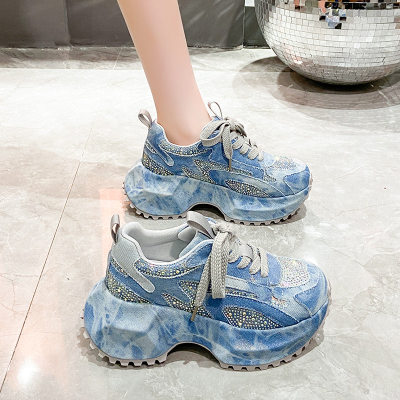 Sparkling Denim Sneakers For Women, Blue White Gradient High Top Platform Shoes With Rhinestones, Unique Fashion Thick Sole Design For Comfort