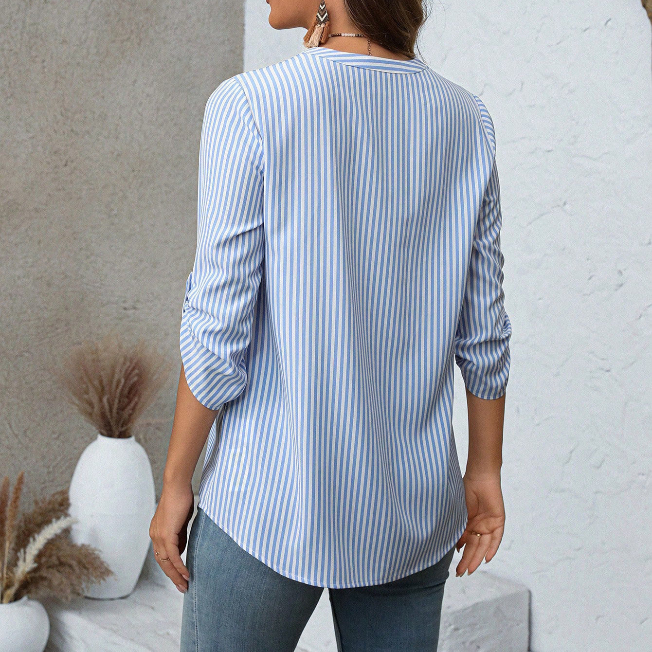 Three-quarter Sleeve Striped Versatile Stylish Top