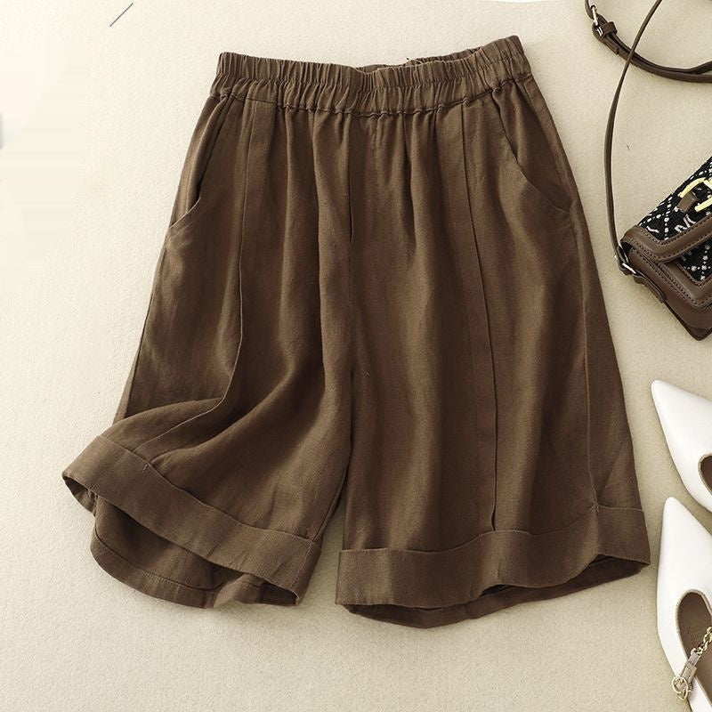 Summer High Waist Slimming Cotton Linen Wide Leg Shorts