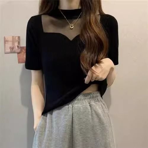 Women's Crew-Neck Short Organza French Top