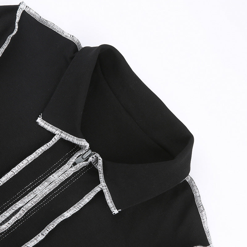 Contrast Stitching Double Zipper Long Sleeve Coat