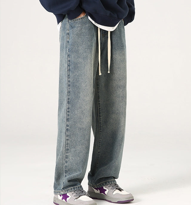 Yellow Mud Dyed Worn Looking Washed-out Retro Elastic Waist Jeans