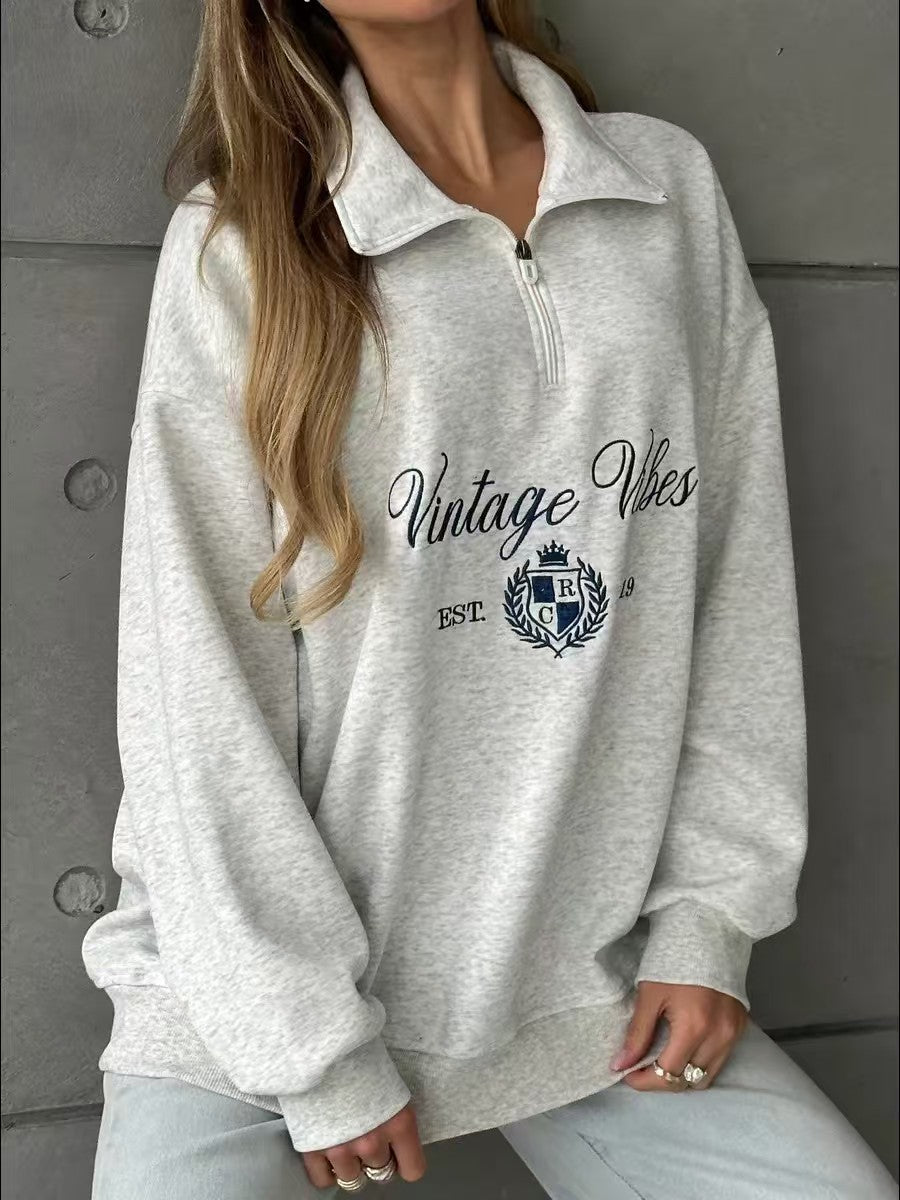 New All-match Letters Printed Half Zipper Coat For Women