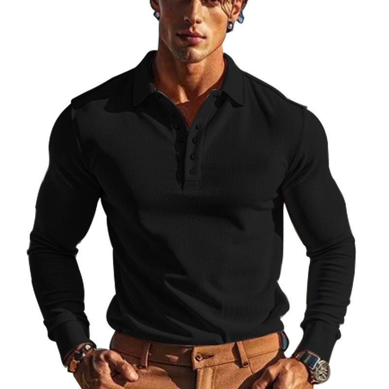 American Men's T-shirt Waffle Casual Polo Collar Button Slim-fit Long Sleeve
