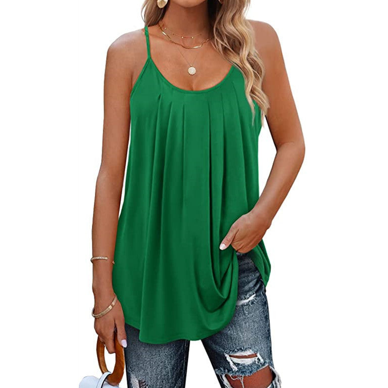 Women's Casual Summer Pleated Round Neck Keyhole Loose Top