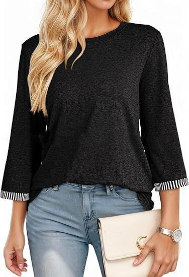 Fashionable Three-Quarter Sleeve Contrast-Piece Panel T-Shirt