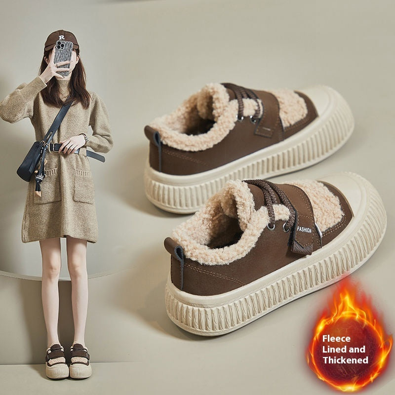Fleece-lined Sneakers Women's Thick Bottom Non-slip Warm Cotton Shoes