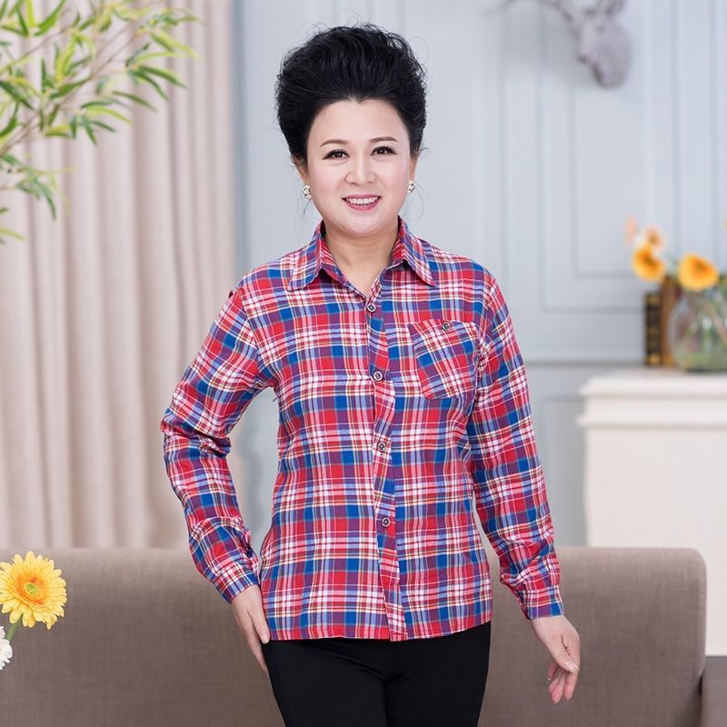 Middle-aged And Elderly Women's Loose Long-sleeved Slim-fit Plaid Shirt