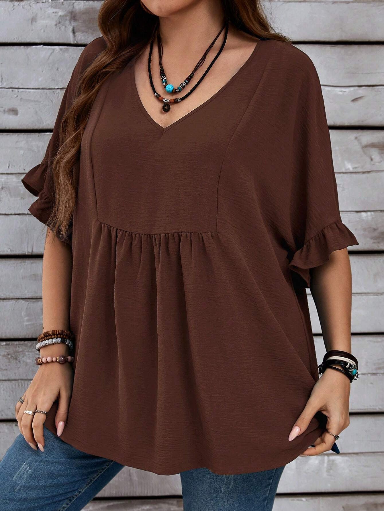 Solid-color Loose Ruffled High-waist Three-quarter-sleeve Top