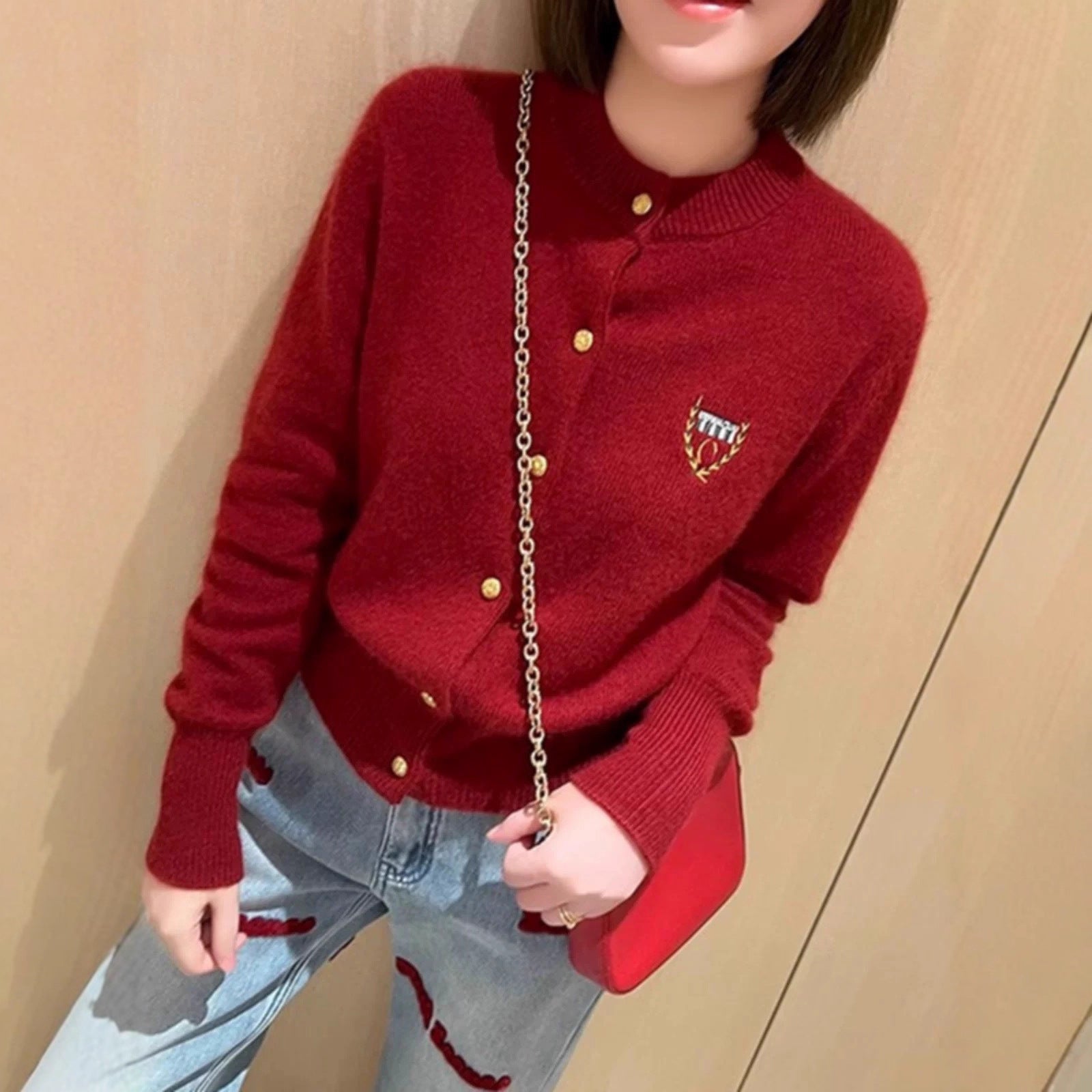 Raccoon Fur Yarn Embroidered Badge Sweater Coat