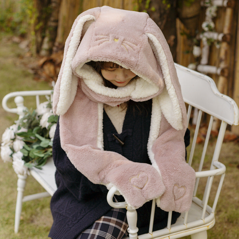 Big Rabbit Ears Plush Thickened Women's Cute Hat Scarf Gloves