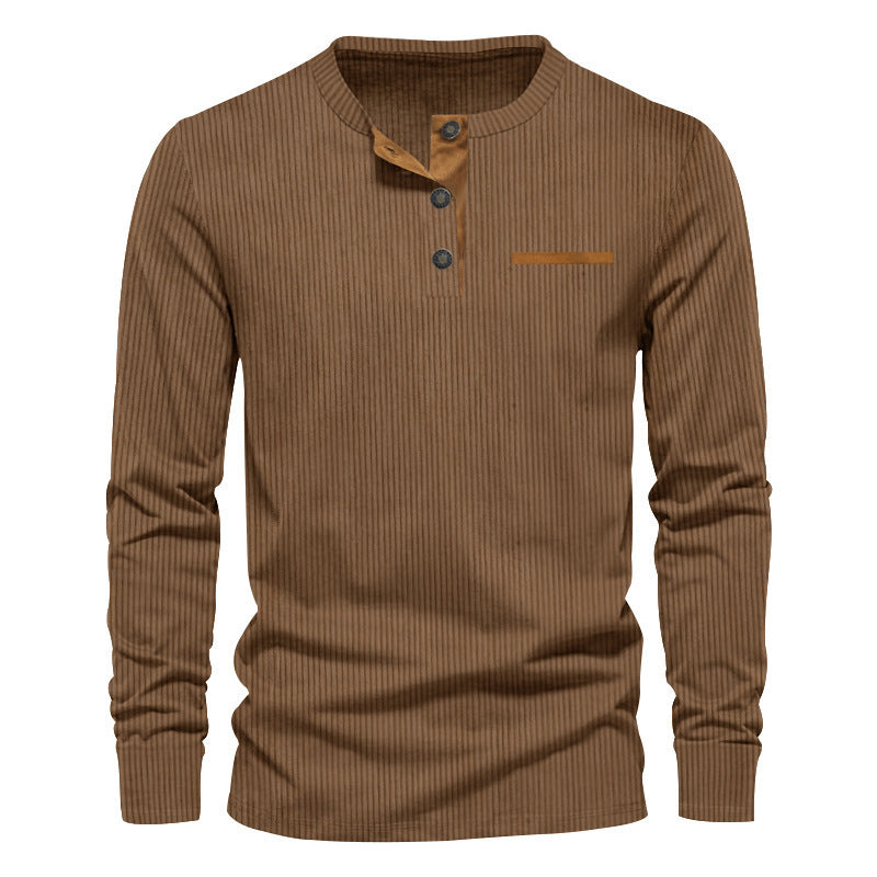Men's Independent Stand Corduroy Casual Henley Slim Solid Color Long Sleeve T-shirt